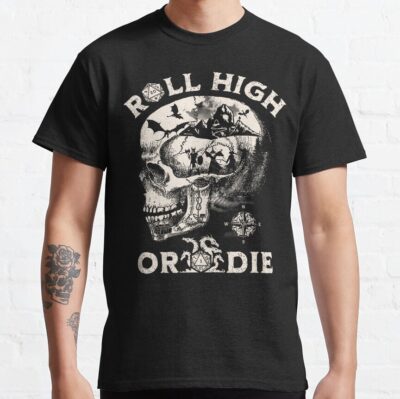 Dungeons And Dragons: Roll High Or Die. Party Fighting Dragons In A Skull Scene. T-Shirt Official Dungeons And Dragons Merch